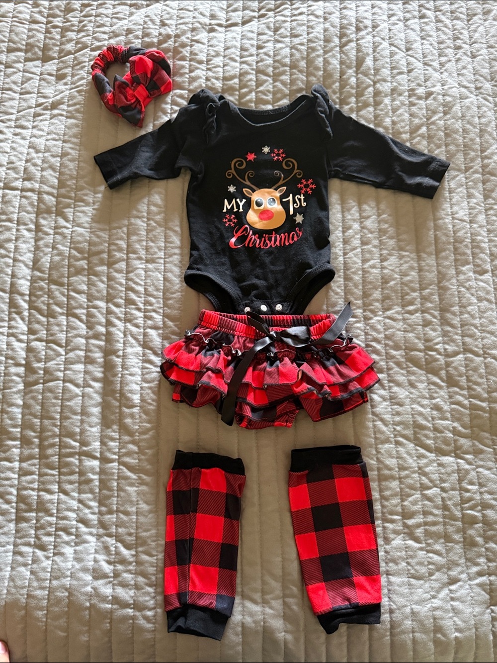 My 1st Christmas Reindeer Bodysuit & Buffalo Plaid Ruffle Set